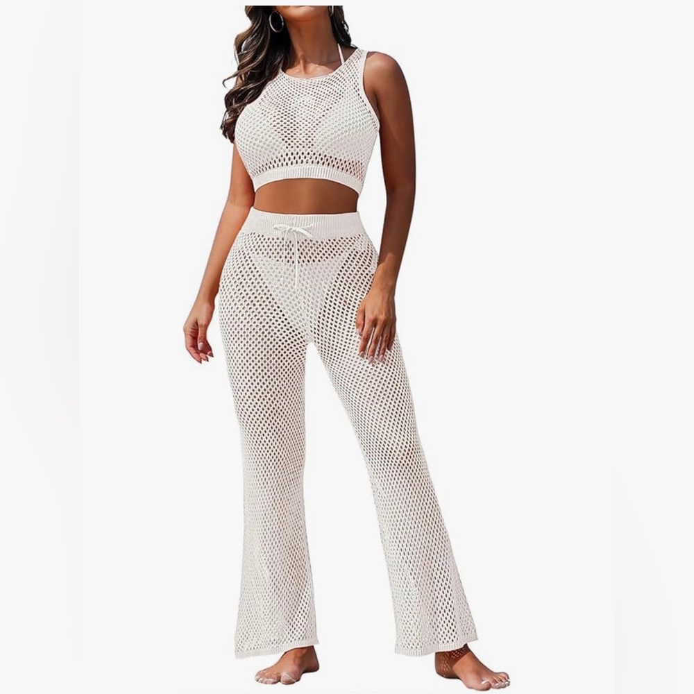 NEW Swimsuit Cover Up Set 2 Pc Crochet Sleeveless Crop Top Wide Leg Long Pants S